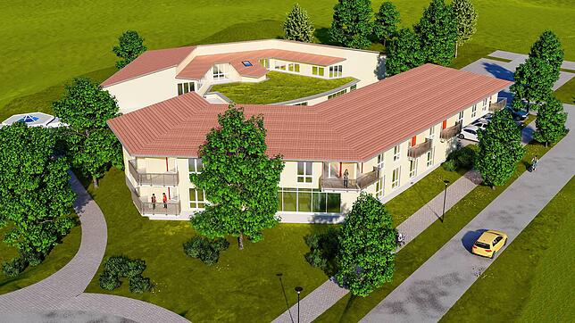 Die Visualisierung zeigt das geplante Klinikgebäude als Erweiterung der Nachsorgeklinik Tannheim.