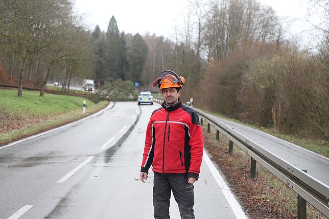 Förster Michael Flöß, im Hintergrund der umgeknickte Baum zwischen Dettingen und Langenrain.