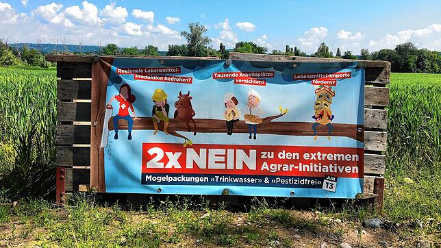 Plakate machen in Bad Zurzach, gegenüber von Küssaberg (Kreis Waldshut) auf die Abstimmung zur Initiative aufmerksam. Bild: Tina Prause