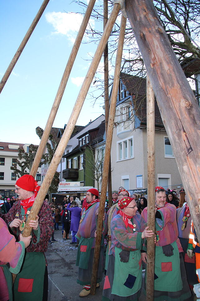 Um 16.20 Uhr haben die Schlosshexen und die Bürger- und Narrenzunft den Narrenbaum gestellt. Bilder: Melanie Völk
