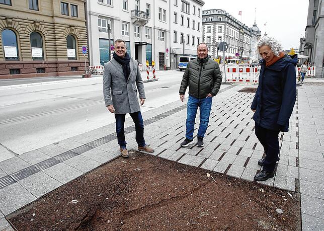 Hier wird bald einer der insgesamt etwa 30 Bäume gepflanzt und in die Rillen im Beton werden Kräuter und Gräser angesät, berichten (von ...