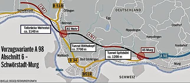 Die A&nbsp;98-Vorzugsvariante im Abschnitt 6.