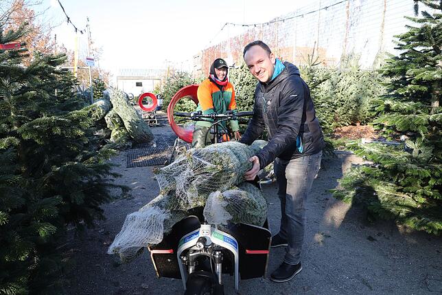 Felix Krätzer (links) vom Christbaum-Center und Matthias Stocker verstauen die Bäume auf dem Lastenfahrrad.