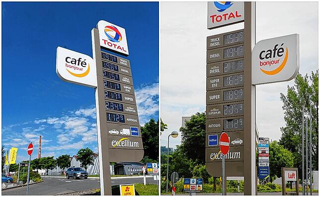 Der Tankrabatt zum Monatswechsel einen Effekt wie hier an der Total-Tankstelle in Gottmadingen: Links der Preis am 31. Mai, rechts der ...