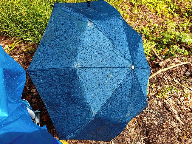 Regenschirm, Regenponcho und darunter der Rucksack: Der Pfarrer hat für seine Pilgertour eine regenreiche Zeit erwischt.