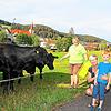 Höfle-Bäuerin Michaela Kienzler (von links) füttert mit Lennart und dessen Mama Denise die Angus-Rinder.