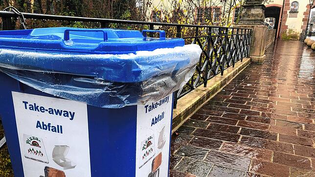 Auf der Seltenbachbrücke in Waldshut steht eine blaue Tonne, die die Stadtverwaltung aufgestellt hat. Darin können Passanten ...