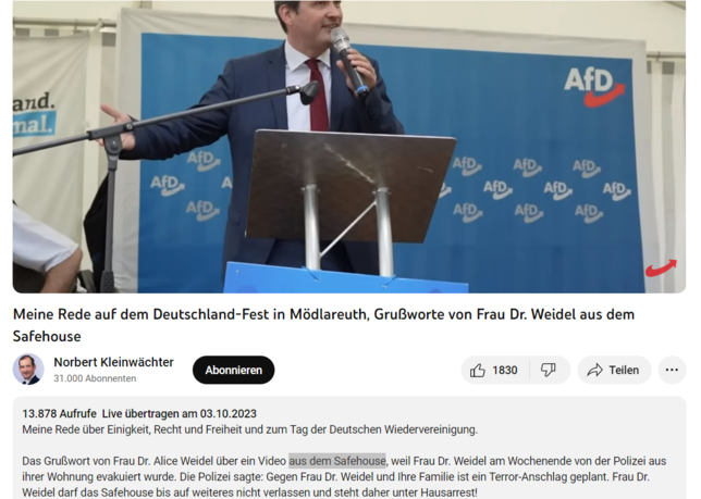 Ein Screenshot des YouTube-Kanals von Norbert Kleinwächter, stellvertretender AfD-Fraktionsvorsitzender im Bundestag, mit der markierten ...