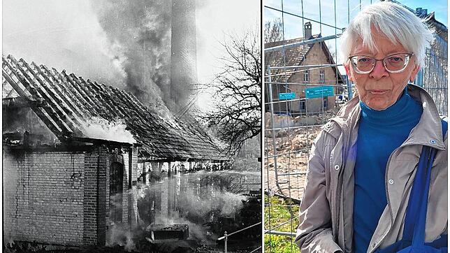 Links: Das brennende Maschinenhaus der ehemaligen Gerberei Blank in der Dillstraße nach der Explosion am 26. Oktober 1957. Rechts: Die ...