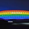 Die Hülle der Allianz Arena in München leuchtet 2016 anlässlich des Christopher Street Days in Regenbogenfarben. Zum Fußball-EM-Spiel ...