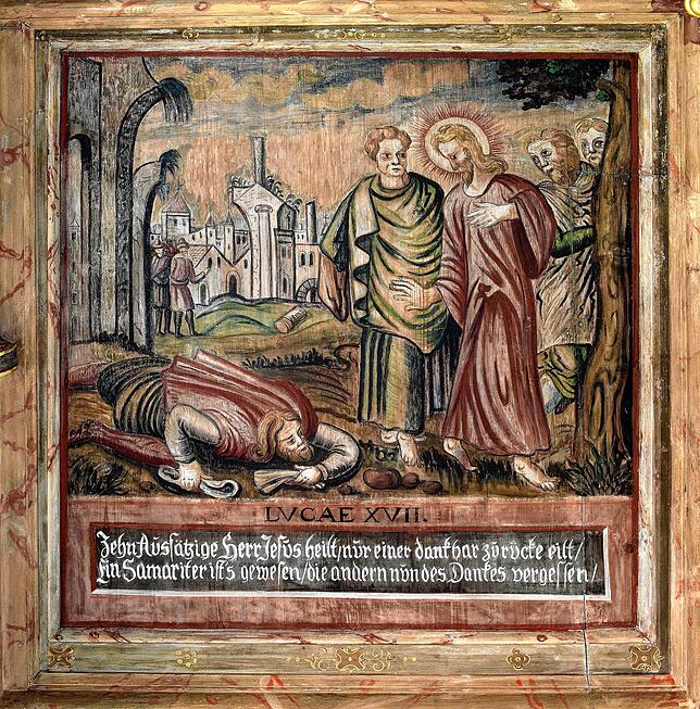 Die Heilung der Aussätzigen wird nur selten dargestellt. Zum Beispiel in der evangelischen Pfarrkirche von Grumbach (Sachsen). Links mit ...
