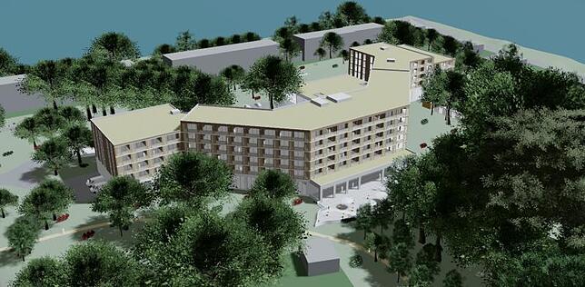 Das Projekt: So soll das neue Hotel von Hans Jürg Buff auf dem Büdingen-Areal aussehen, hier eine Ansicht von seeseitig schräg oben. Die ...