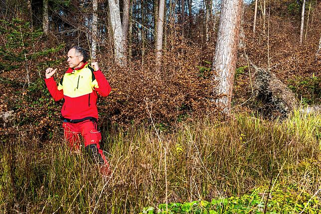 Thomas Birkhofer ist selbst Waldbesitzer. Hier zeigt er: In den Rückegassen schwerer Forstfahrzeuge bleibt das Wasser stehen, woraufhin ...