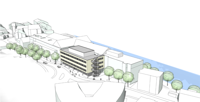 Die Visualisierung zeigt den künftigen Erweiterungsbau des Klinikums Hochrhein. Dieser wird auf dem jetzigen Vorplatz auf Stelzen errichtet.