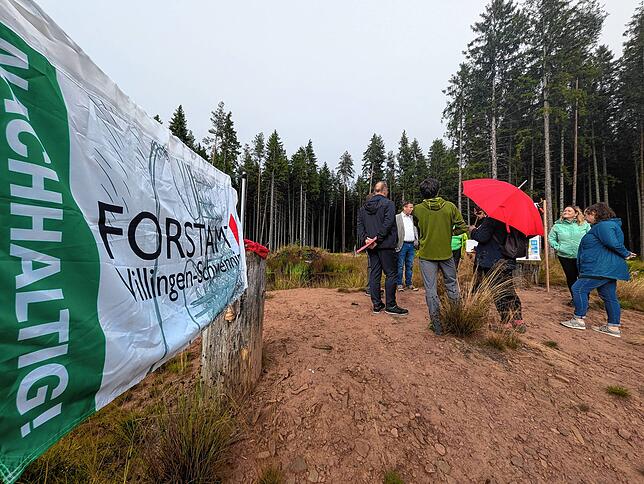 Mit dem Regenschirm im Wald – in diesem Sommer ein durchaus vertrautes Bild, wie hier beim Ortstermin mit dem Forstamt ...