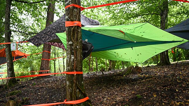Mehrere Zelte mit dem Namen Stingray (wie Stachelrochen) sind bei der Survival- und Outdoor-Messe zwischen Bäumen gespannt, um darin ...