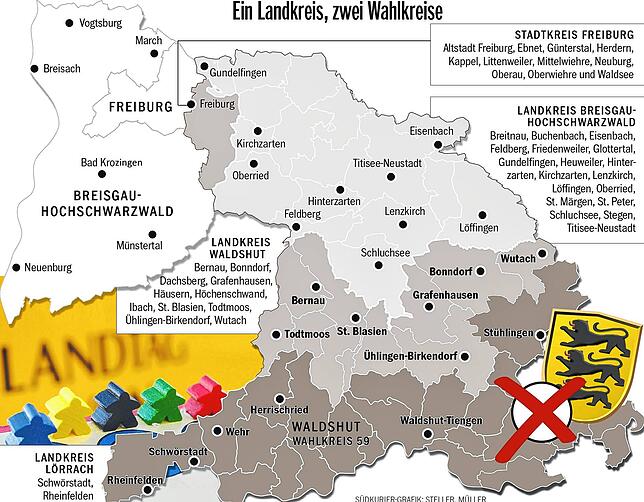 Die Wahlkreise im Überblick: Der Norden des Landkreises Waldshut gehört zum Wahlkreis 46, die Rheinschiene inklusive von Schwörstadt und ...