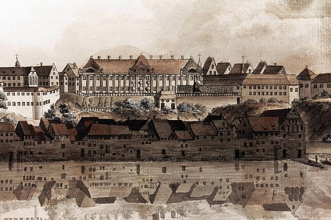 Ein Kupferstich zeigt das Neue Schloss von Meersburg. Er stammt von 1790. Nachgeahmte Stahlstiche sind dagegen heute praktisch nichts ...