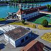 Wasserstoff-Produktion am Hochrhein: Das Bild zeigt das Energiedienst-Wasserkraftwerk Wyhlen. Neben dem langgestreckten ...