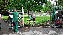 Bernhard Halmer (links) zieht den Plan zurate, um die Pflanzen im Villengarten richtig zu platzieren. Praktikantin Celine Marie Aßheuer ...