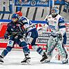 Alexander Karachun (Bildmitte) und Torwart Joacim Eriksson (rechts) müssen ihr Heimspiel am 28. März gegen die Straubing Tigers (links ...
