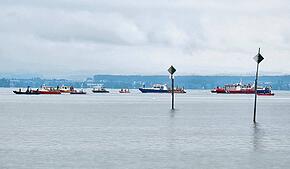 Mehrere Boote fahren vor Fischbach den Bodensee ab, um einen Vermissten zu finden.