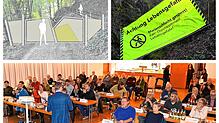 Oben links eine Darstellung der Mondfels-Tore, die wie das Marienschlucht-Logo geformt sind. Oben rechts und unten Eindrücke aus der ...