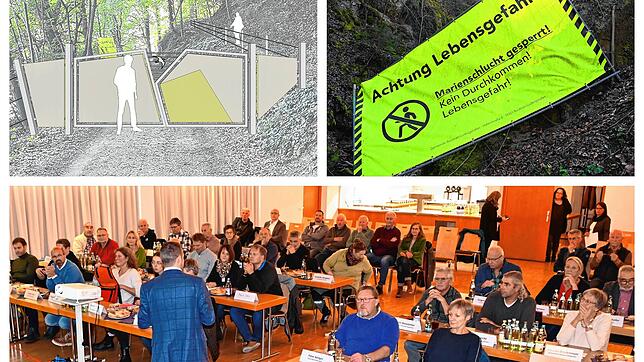 Oben links eine Darstellung der Mondfels-Tore, die wie das Marienschlucht-Logo geformt sind. Oben rechts und unten Eindrücke aus der ...