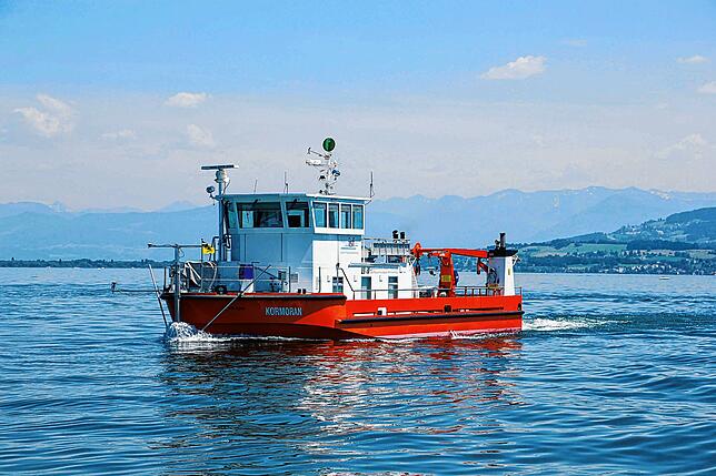 Die Kormoran, das Forschungsschiff des Instituts für Seenforschung in Langenargen, auf dem Bodensee. Das Boot war bei dem Projekt ...