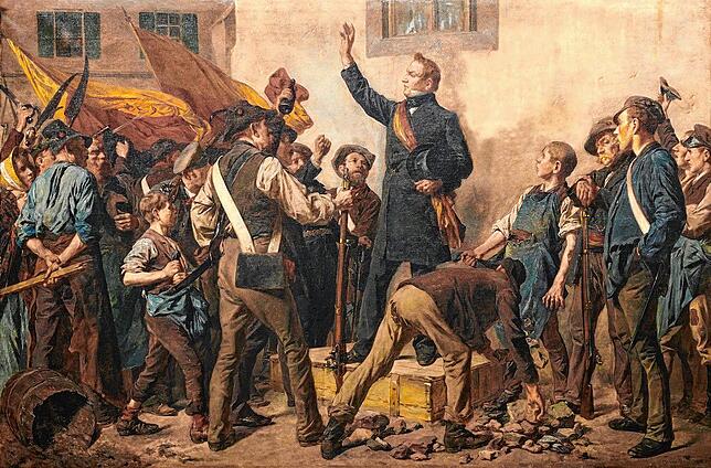 Der Konstanzer Bürgermeister Carl Hüetlin versucht im April 1848, die aufgeheizte Stimmung erregter Konstanzer zu dämpfen. Ölgemälde von ...