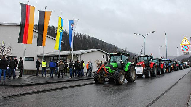 Eine lange Reihe von etwa 30 Traktoren säumt die Zufahrtsstraßen zum Neujahrsempfang der Gemeinde Immendingen und des Landkreises ...