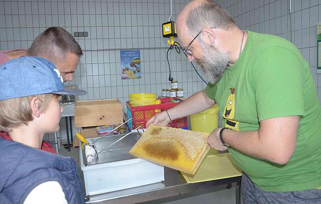 Werner Faulhaber (rechts) zeigt Lukas und Christian Knoche, im Schleuderraum des Imkervereins, wie seine Bienen ihren Honig mit Wachs ...