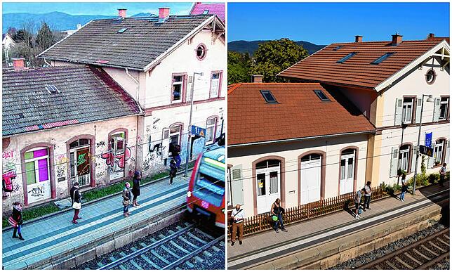 Vorher/Nachher: Der Bahnhof Heidelberg Pfaffengrund, den Cornelia Wiethaler erworben hat, um ihn herzurichten.