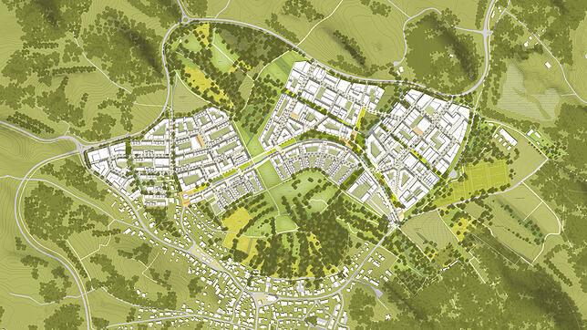 So soll der neue Stadtteil aussehen: Vier große Blöcke, angeordnet an einem grünen Ring rund um den Hafner. Rechts im Bild ist Platz für ...