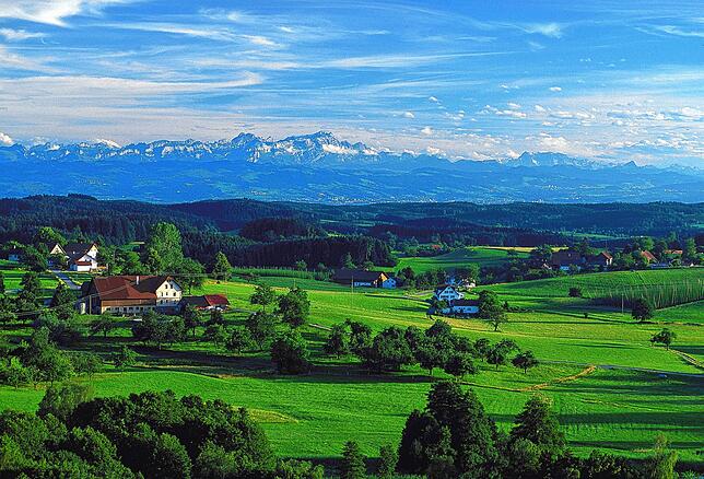 Ein Blick auf einige Weiler der Gemeinde Bodnegg, im Hintergrund die Alpen.