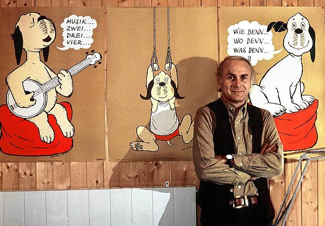 Vicco von Bülow in einer Aufnahme aus dem Jahr 1973 in seinem Haus. Der Hund „Wum“ gehörte zu den populärsten Figuren aus ...
