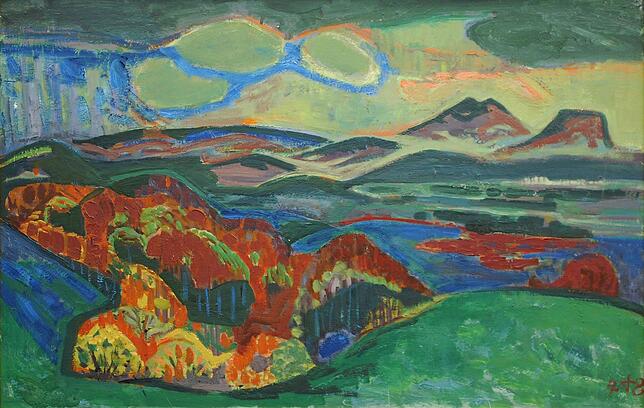 Otto Dix (1891-1969), Grüne Landschaft (Twiel mit Stoffeln im Herbst), 1948, Ölfarben auf Karton, Sammlung Kunstmuseum Singen,