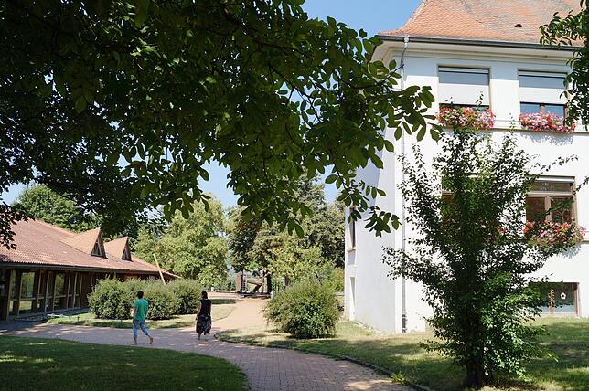 Der Eingangsbereich zur neuen Schule soll weiter zwischen Festhalle (links) und Altbau (rechts) liegen. Auch der Pausenhof kann bleiben.