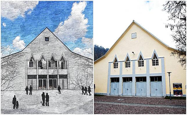 Die Ähnlichkeit ist unübersehbar: Links eine Skizze der neuen Scheffelhalle, rechts die alte Scheffelhalle, als sie noch stand.