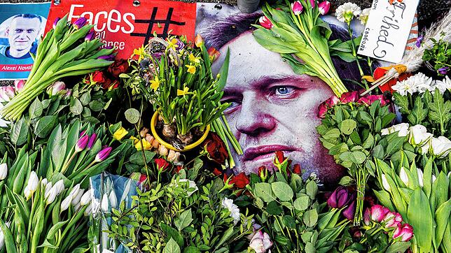 Ein Porträt von Alexej Nawalny ist zwischen Blumen vor der russischen Botschaft in Kopenhagen zu sehen. Nawalny starb am 16.02.2024 im ...