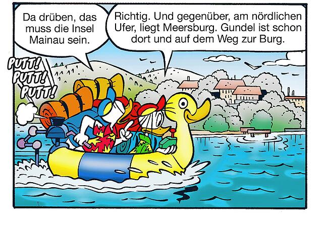 Donald (links) und Dussel Duck fahren an der Insel Mainau vorbei – nicht leicht zu erkennen, wenn man es nicht weiß …