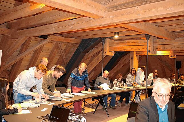 Aufgrund der vielen Briefwähler wird im Sitzungssaal des Rathauses mit zahlreichen Helfern ausgezählt.