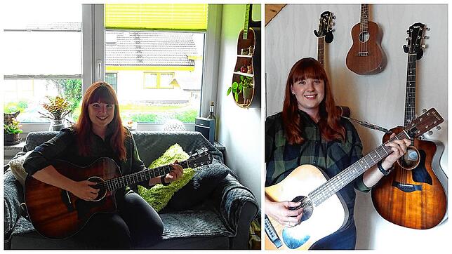 Gitarren wohin man schaut: In Silke Vogts eigenem Zimmer hängt ein Regal in Gitarrenform (links), in ihrem Proberaum gleich drei ...