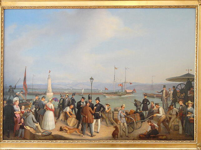 Auf dem Gemälde &bdquo;Das Einlaufen des Raddampfers &sbquo;Kronprinz&lsquo; in den Hafen von Friedrichshafen&ldquo; von Franz Serpah ...