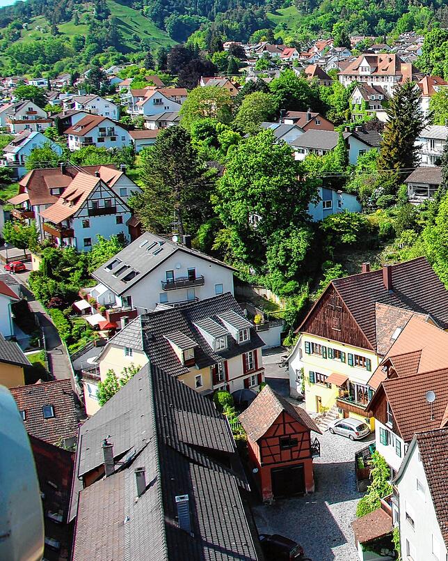 Blick vom Kirchturm auf die Gebäude &bdquo;Im Winkel&ldquo; 2018.
