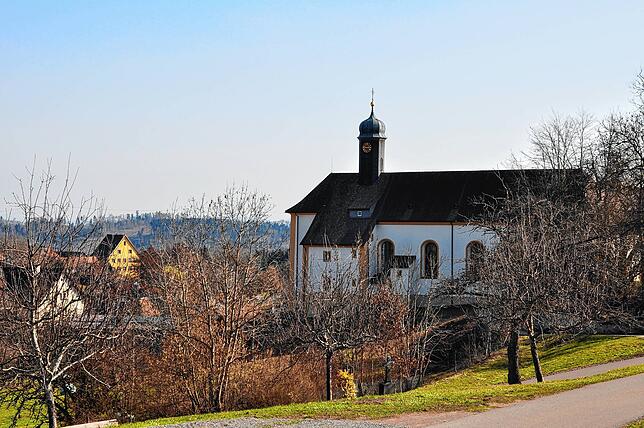 Blick vom Friedhof auf die Klosterkirche St. Leodegar und links das gelbe Haus, das Gästehaus des Frauenklosters war.
