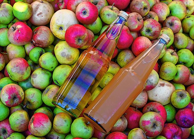 In einer Mosterei liegen zwei Flaschen mit klarem und naturtrüben Apfelsaft auf Äpfeln. In der vergangenen Saison bekamen die Bauer ...