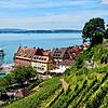 Seelage: Blick vom neuen Schloss Meersburg über die Rebhänge.