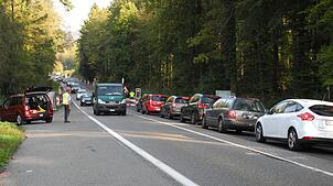Autos warten am Dienstag zwischen Laufenburg/CH und Sisseln vor einer der beiden Lichtsignalampeln. Sie werden durch den Verkehrsdienst ...
