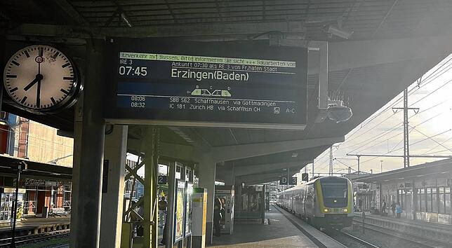 Der Hinweis am Bahnhof Singen, dass der IRE in Erzingen endet.